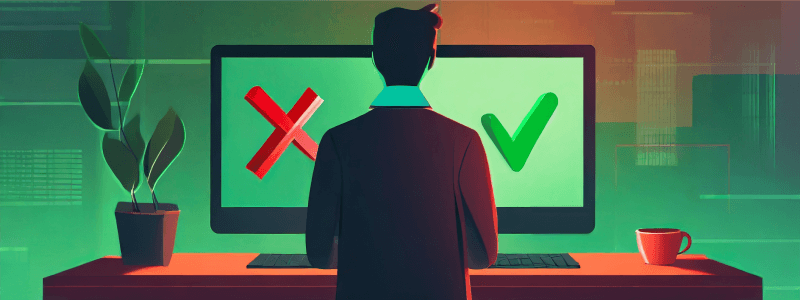 Person looking at their computer, showing a green checkmark and a red x mark